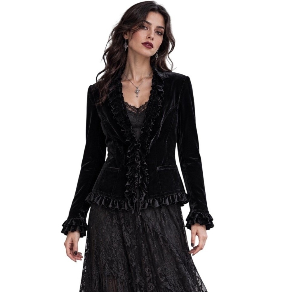 Vtg INC Concepts Velvet Ruffle Fitted Zipper Blazer Jacket Gothic Witchy M